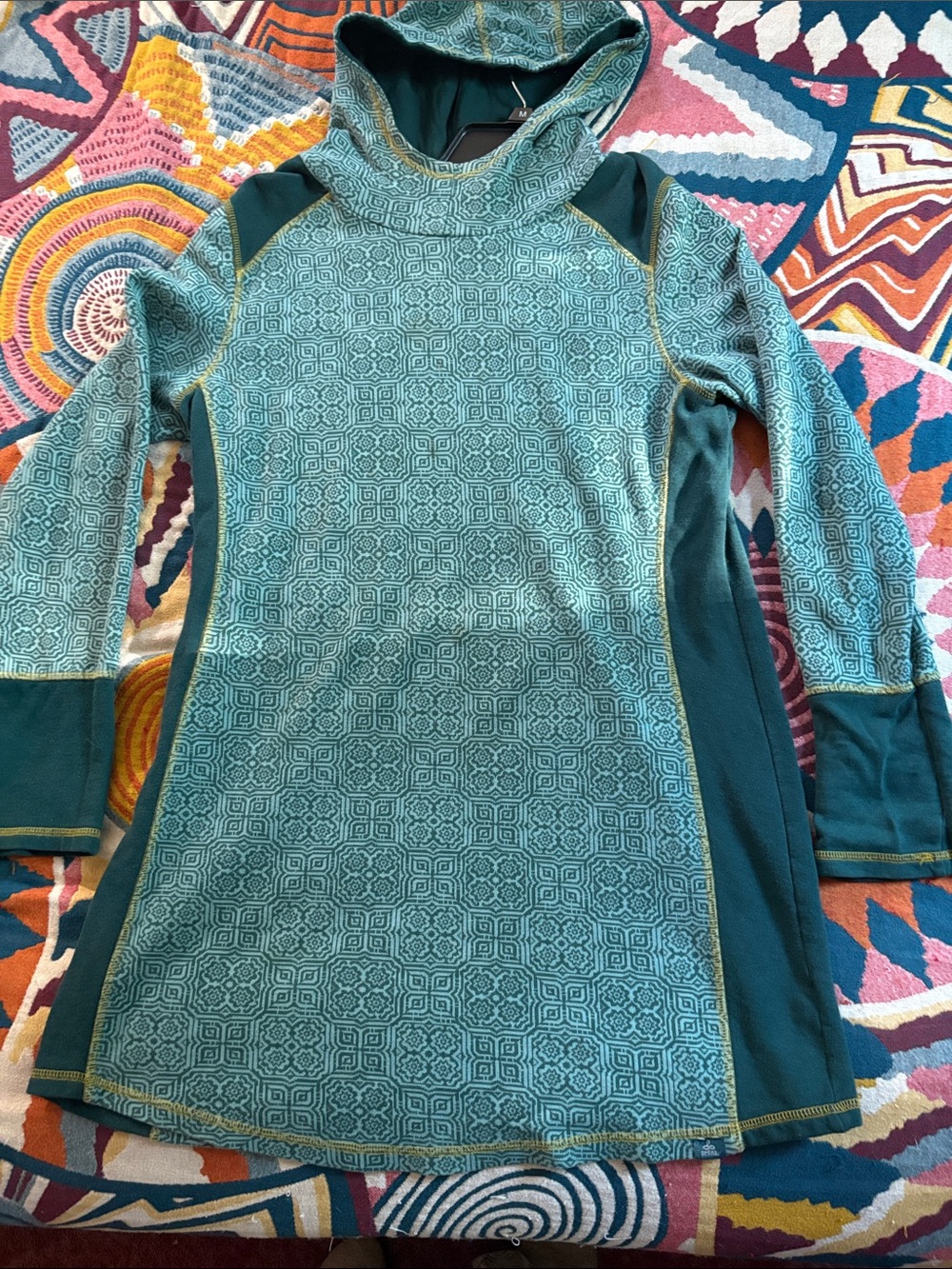 Prana Teal Patterned Long Sleeve Hoodie Dress